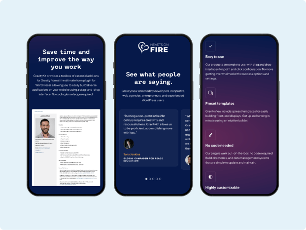 Three smartphones display a digital tool with features highlighting time-saving and workplace improvement. The screens show user reviews and a settings menu, set against a sleek, dark theme.
