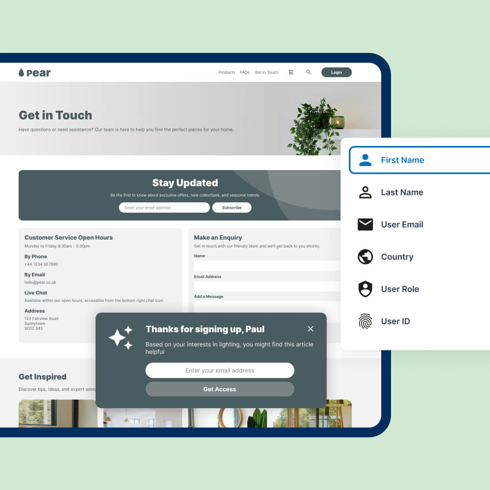 A website contact page with a signup confirmation popup and user information fields displayed, showcasing an interactive design.
