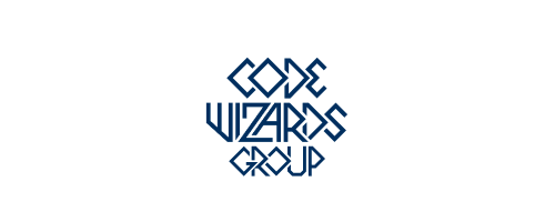 Code Wizards Group logo featuring geometric, angular typography arranged in a circular formation. The text "Code Wizards Group" is styled with sharp, interconnected letterforms in dark navy blue against a white background, creating a technical and distinctive brand mark.