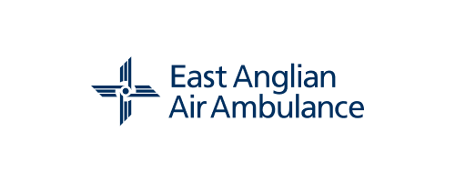 East Anglian Air Ambulance logo featuring a stylised dark blue helicopter icon composed of cross and arrow shapes, alongside the organisation name displayed in clean, bold dark blue typography on a white background.