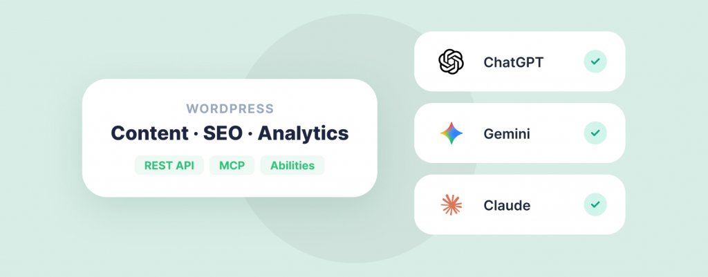 WordPress content, SEO, and analytics integration with tools like ChatGPT, Gemini, and Claude, highlighted with icons and checkmarks.
