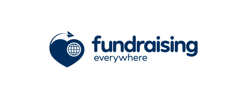 Fundraising Everywhere logo featuring a dark navy blue heart shape containing a globe icon with a location pin, positioned next to the brand name "fundraising everywhere" in navy blue text.