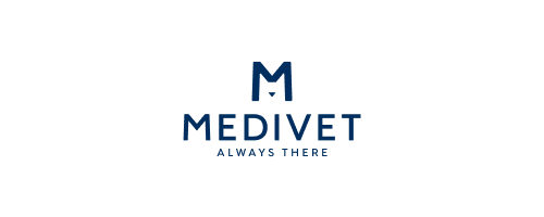 Medivet company logo featuring a bold navy blue letter M above the brand name MEDIVET in capital letters, with the tagline "Always There" displayed beneath in smaller text, set against a plain white background.