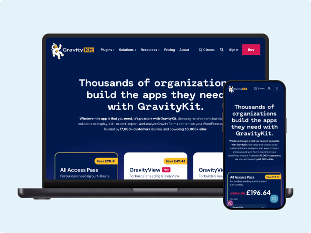 GravityKit website displayed on a laptop and smartphone highlighting its responsive design