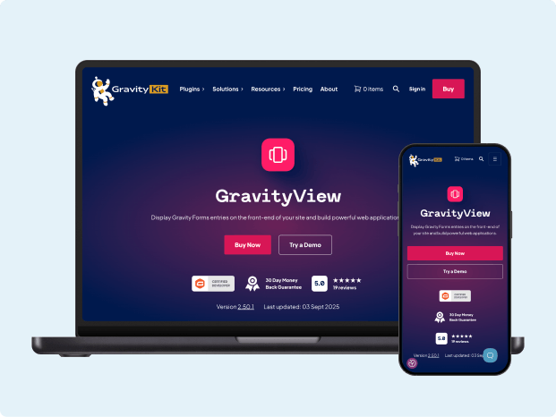 GravityView plugin website displayed on a laptop and smartphone, highlighting its responsive design. The interface includes navigation menus, plugin information, and purchase options against a dark background.