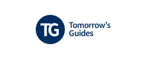 Tomorrow's Guides logo featuring a dark navy blue circle with the white initials "TG" on the left, alongside the brand name "Tomorrow's Guides" displayed in dark navy blue text to the right, set against a white background.