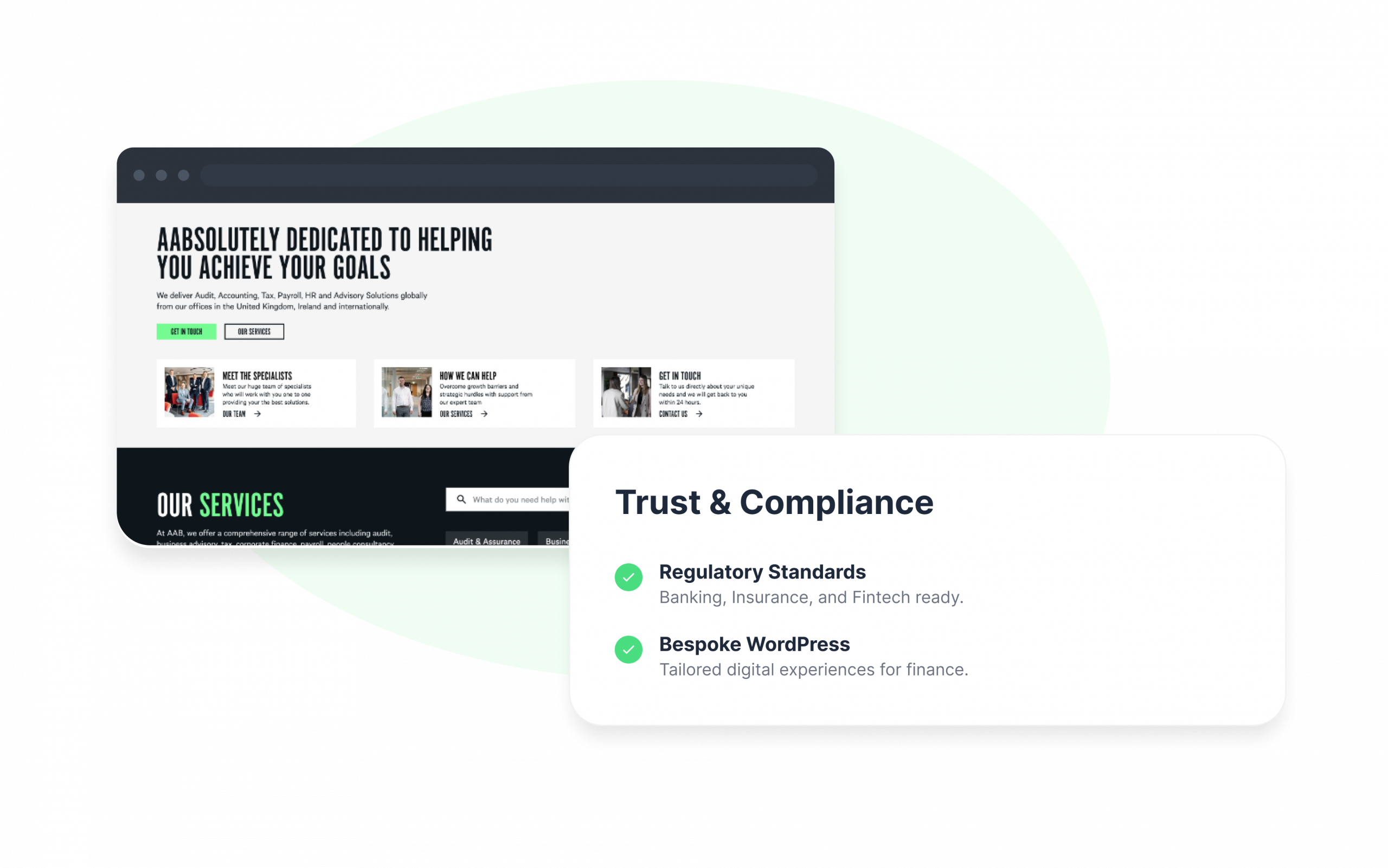 Webpage screenshots highlighting services in trust, compliance, and bespoke WordPress solutions against a green background.