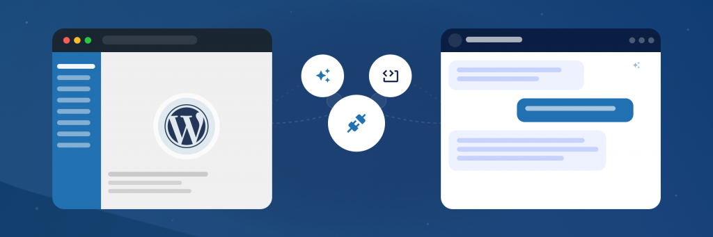 Two browser windows on a blue background, one displaying the WordPress logo and the other showing a chat interface with message bubbles. A central icon cluster suggests data exchange or integration between the two platforms.