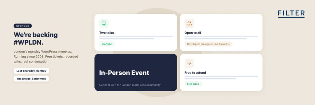 Promotional graphic for Filter, showcasing backing of the #WPLDN community with event details and features like speakers, dates, and session formats.