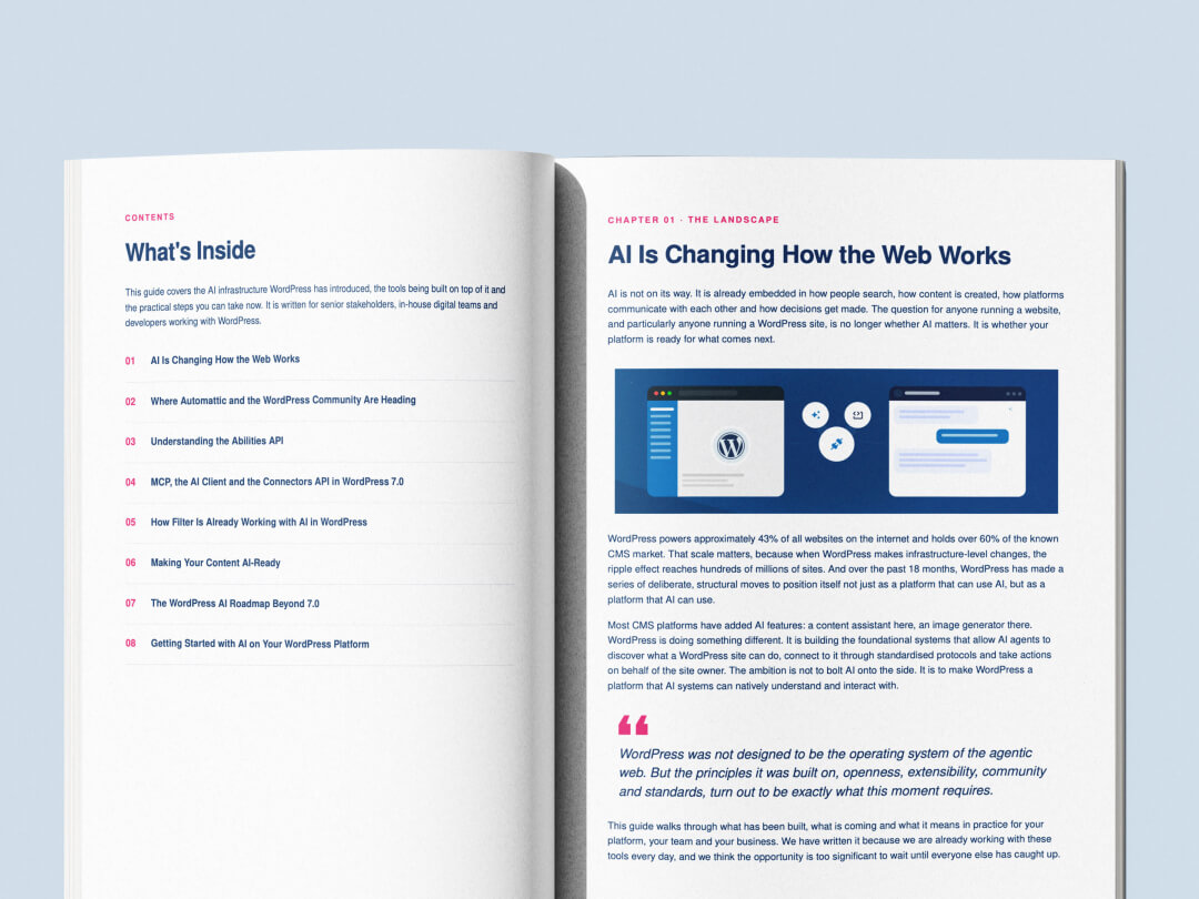 Open magazine displaying an article titled "AI Is Changing How the Web Works," featuring text and illustrations about AI's impact on web development.
