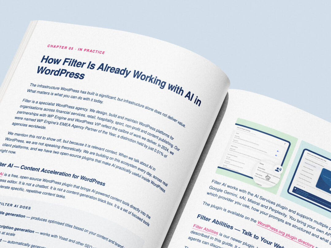 Open book displaying a section titled "How Filter Is Already Working with AI in WordPress," featuring text on AI integration and small screenshots illustrating implementation details.