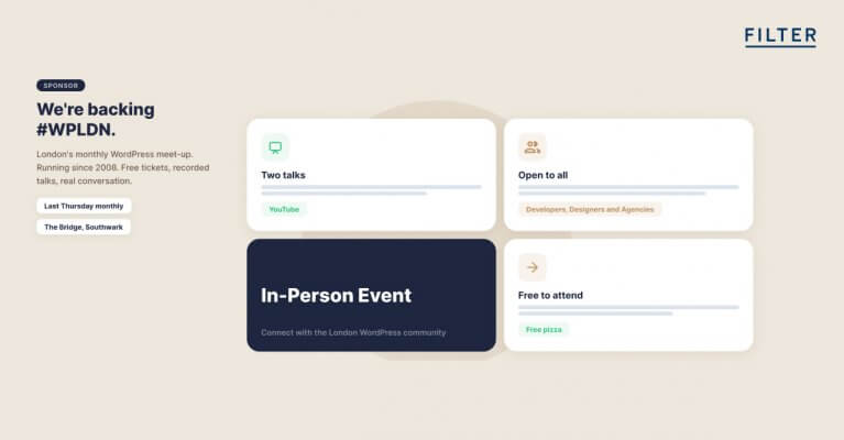 Event announcement for a WordPress meetup, including topics like user talks and open mic sessions, emphasizing in-person participation. Featured is the slogan "We're backing #WPLDN" and details of regular meetings on the first Tuesday of every month. The design is clean and informative.