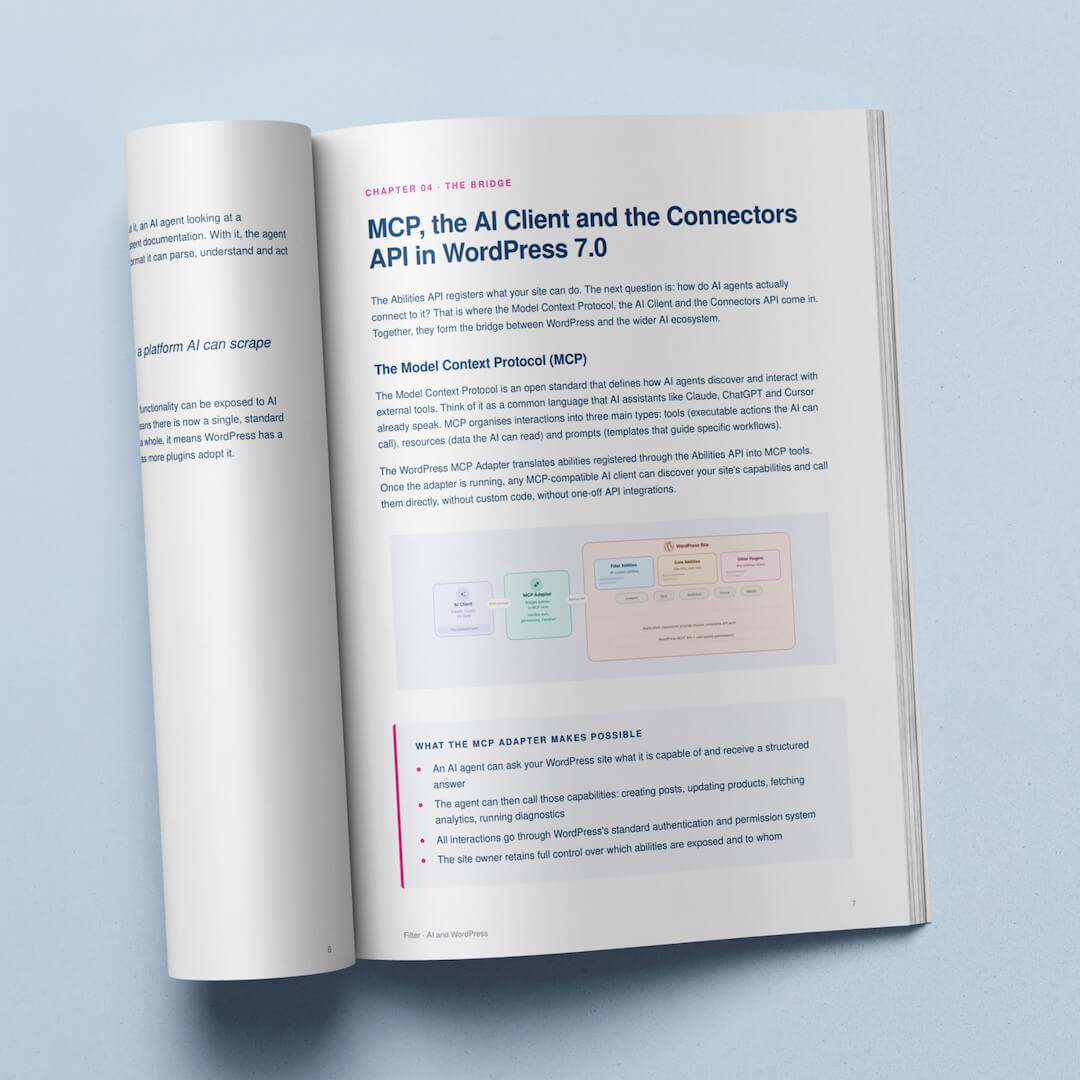 Open book displaying an article on MCP, AI Client, and Connectors API in WordPress 7.0, featuring a diagram explaining the Model Content Protocol (MCP) on a light blue background.