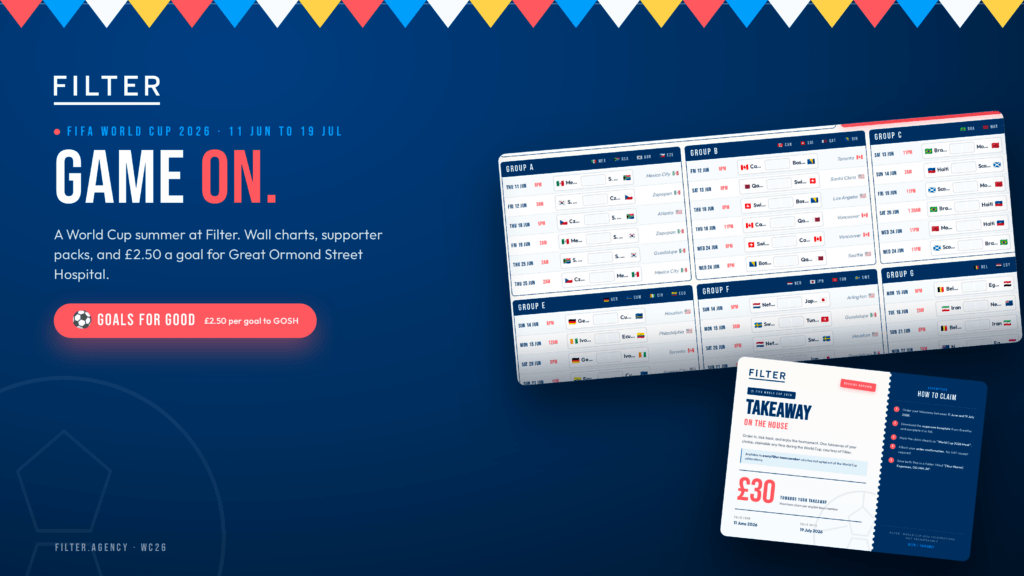 Filter's "Game On" World Cup 2026 promotional graphic showing a wall chart with match fixtures.