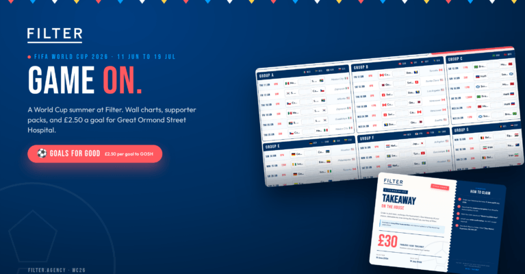 Filter's "Game On" World Cup 2026 promotional graphic showing a wall chart with match fixtures.