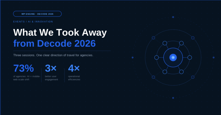 What We Took Away from Decode 2026, showing key statistics: 73% consensus, tripled client engagement, and quadrupled operational effectiveness, alongside a digital network graphic.