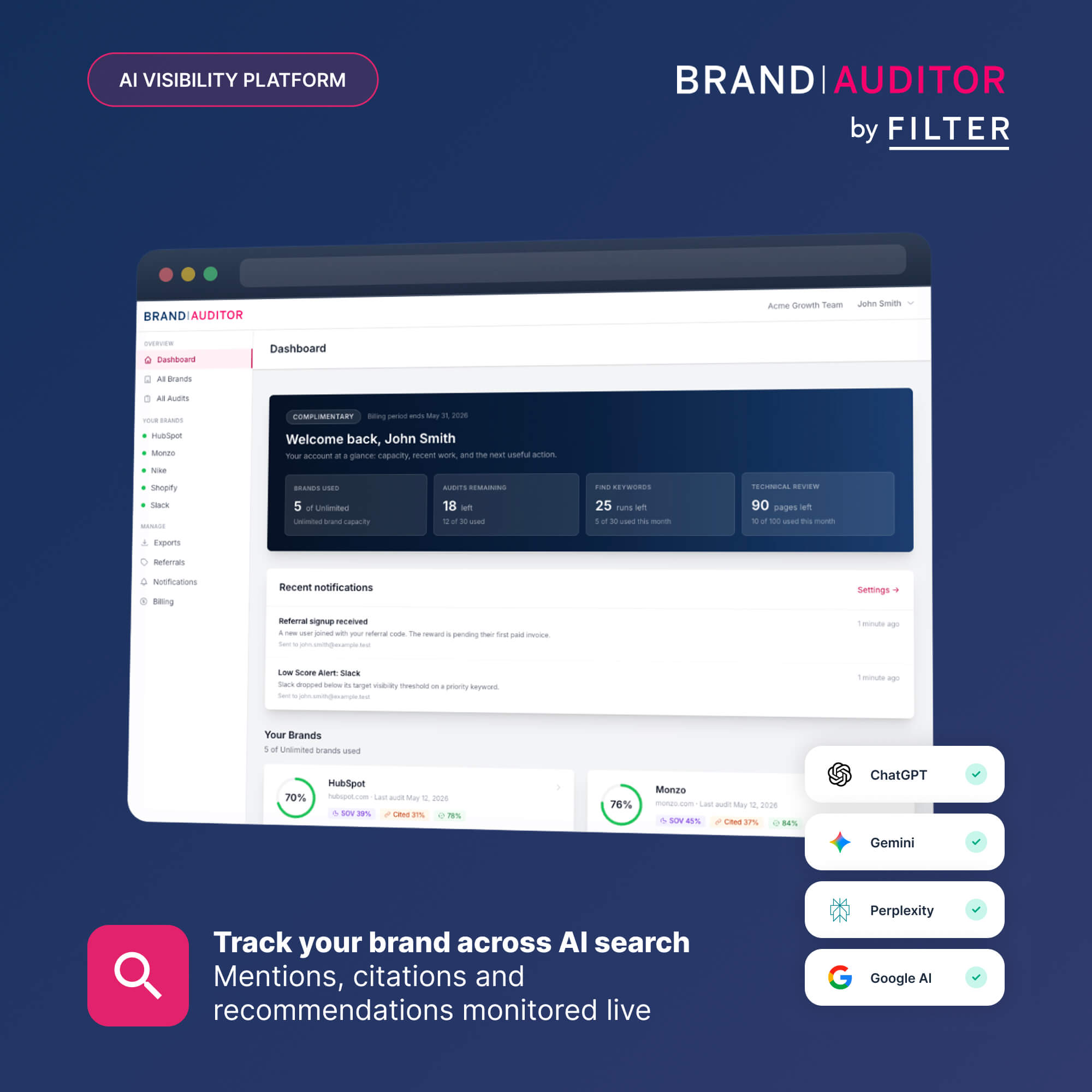Image of a digital dashboard from Brand Auditor by Filter, showcasing tools for tracking brand mentions, citations, and recommendations in AI search, with visual icons of Google AI, ChatGPT, and others.