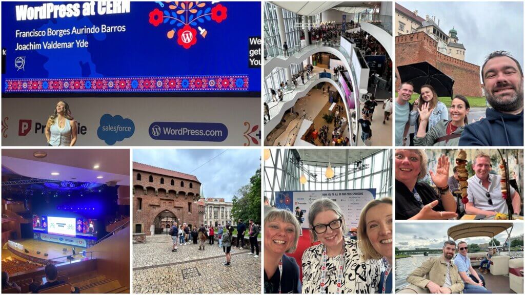 A photo collage from WCEU 2026, featuring a presentation slide with speaker names, group selfies of the Filter team and friends smiling, a large auditorium with stage lighting, the Bastion in Kraków, and outdoor scenes with the Filter team gathered together.