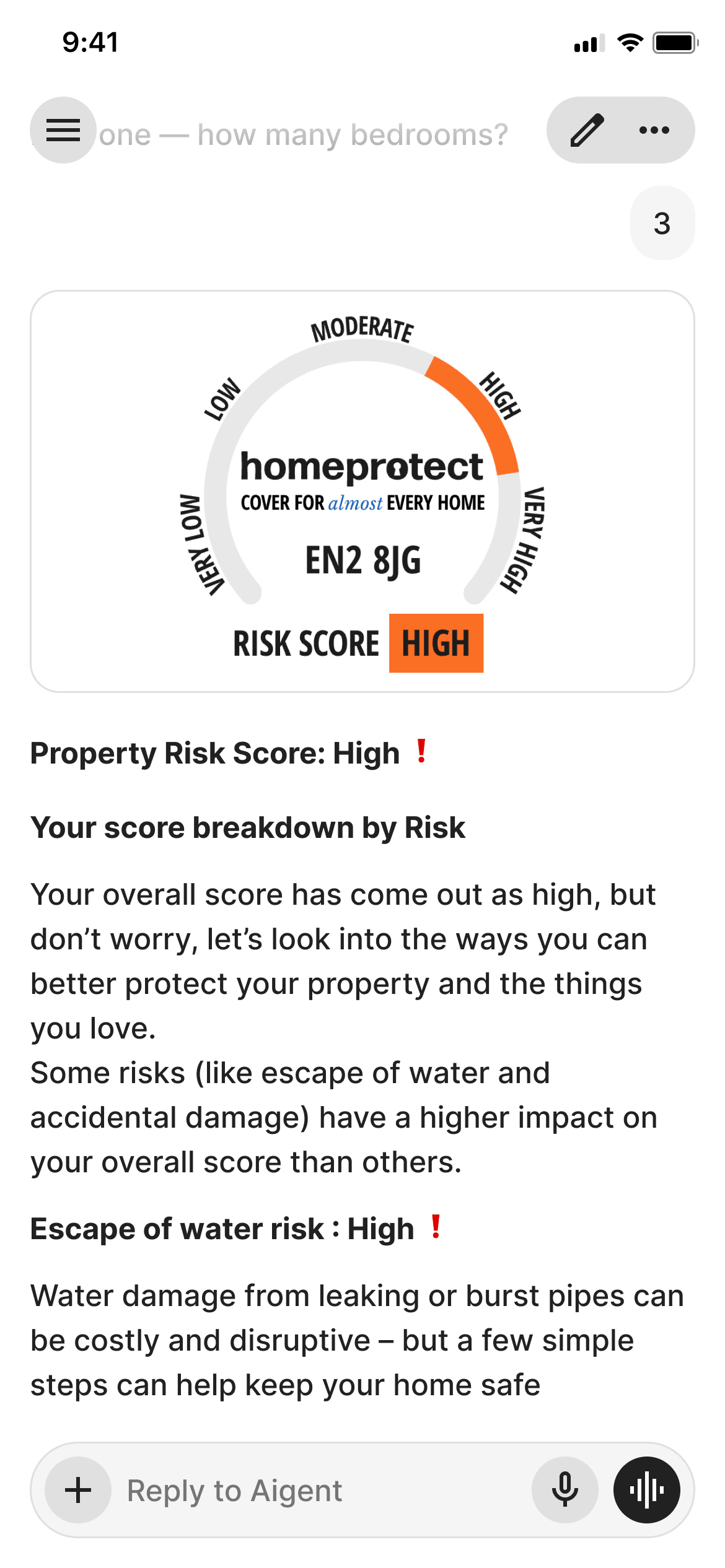 Mobile chat app screenshot showing a Homeprotect gauge rating postcode EN2 8JG as high risk, with orange marker between Moderate and Very High. Text below explains the score breakdown, flags escape of water as a high risk, and offers a reply field to the chat assistant.