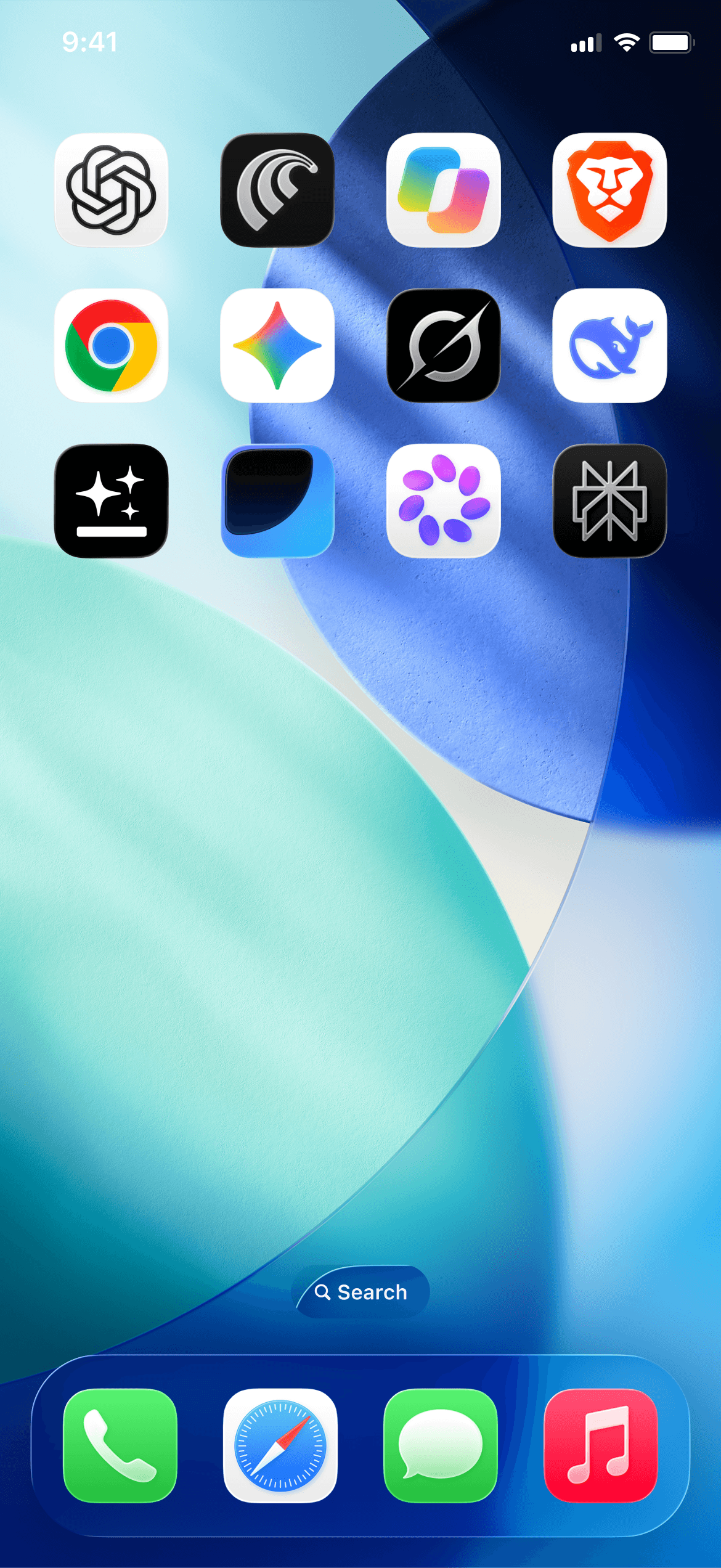 iPhone home screen showing twelve AI and browser app icons — ChatGPT, Claude, Copilot, Brave, Chrome, Gemini, Perplexity, DeepSeek and others — on a blue-and-teal abstract wallpaper. A Search bar sits above a dock with Phone, Safari, Messages and Music.