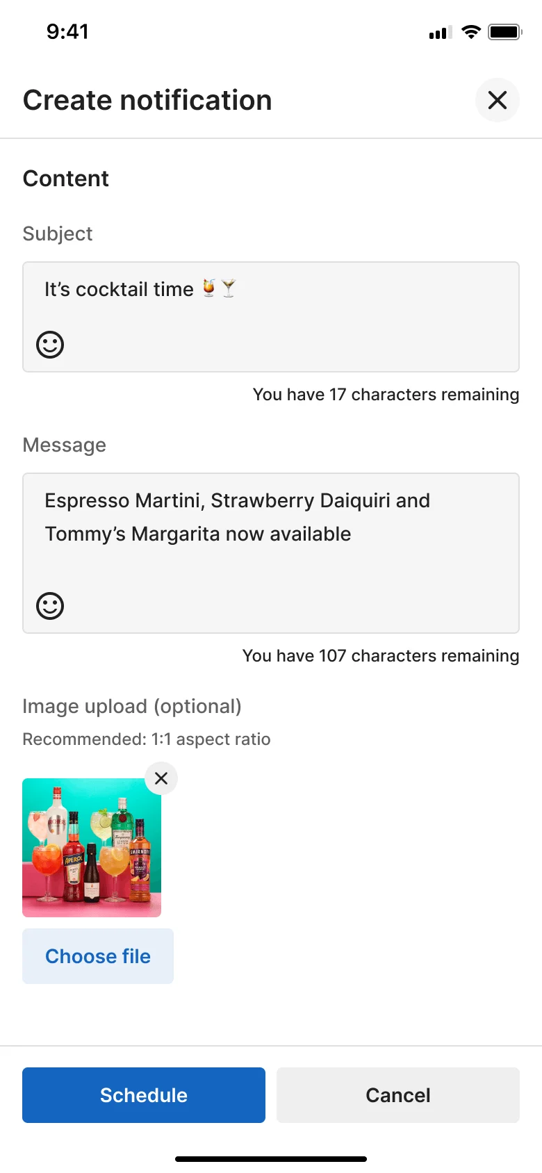 Mobile screenshot of a "Create notification" form. Subject field reads "It's cocktail time" with drink emojis. Message lists Espresso Martini, Strawberry Daiquiri and Tommy's Margarita as now available. An uploaded cocktail image preview sits above a Choose file button, with Schedule and Cancel buttons at the bottom.