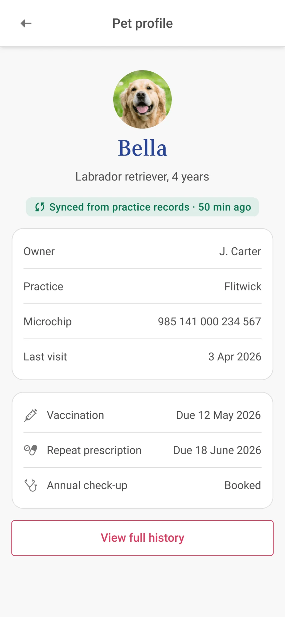 Mobile pet profile screen for Bella, a four-year-old Labrador retriever, with photo, owner and practice details, microchip number, last visit date, and a sync notice from practice records. Below sit upcoming vaccination, repeat prescription and check-up items, plus a View full history button.