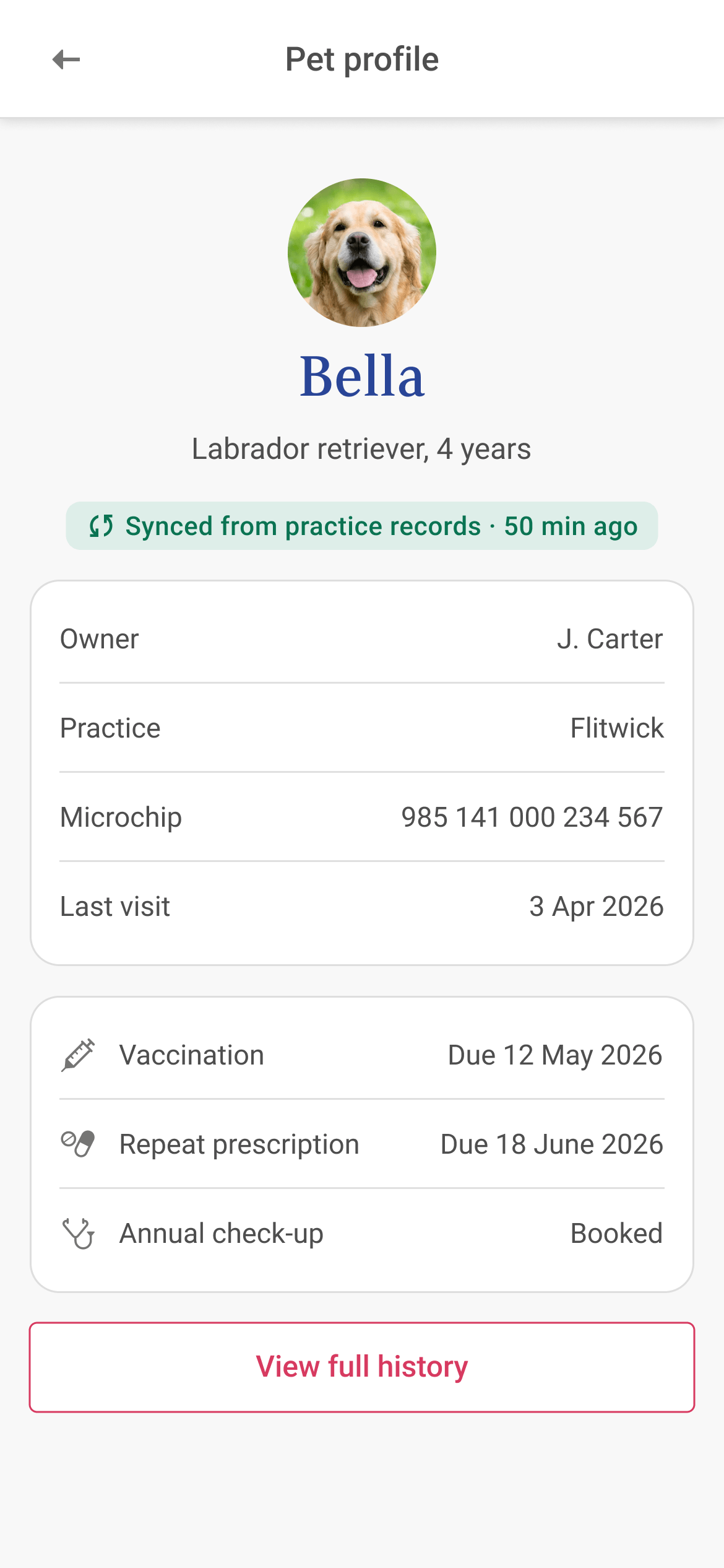 Mobile pet profile screen for Bella, a four-year-old Labrador retriever, with photo, owner and practice details, microchip number, last visit date, and a sync notice from practice records. Below sit upcoming vaccination, repeat prescription and check-up items, plus a View full history button.