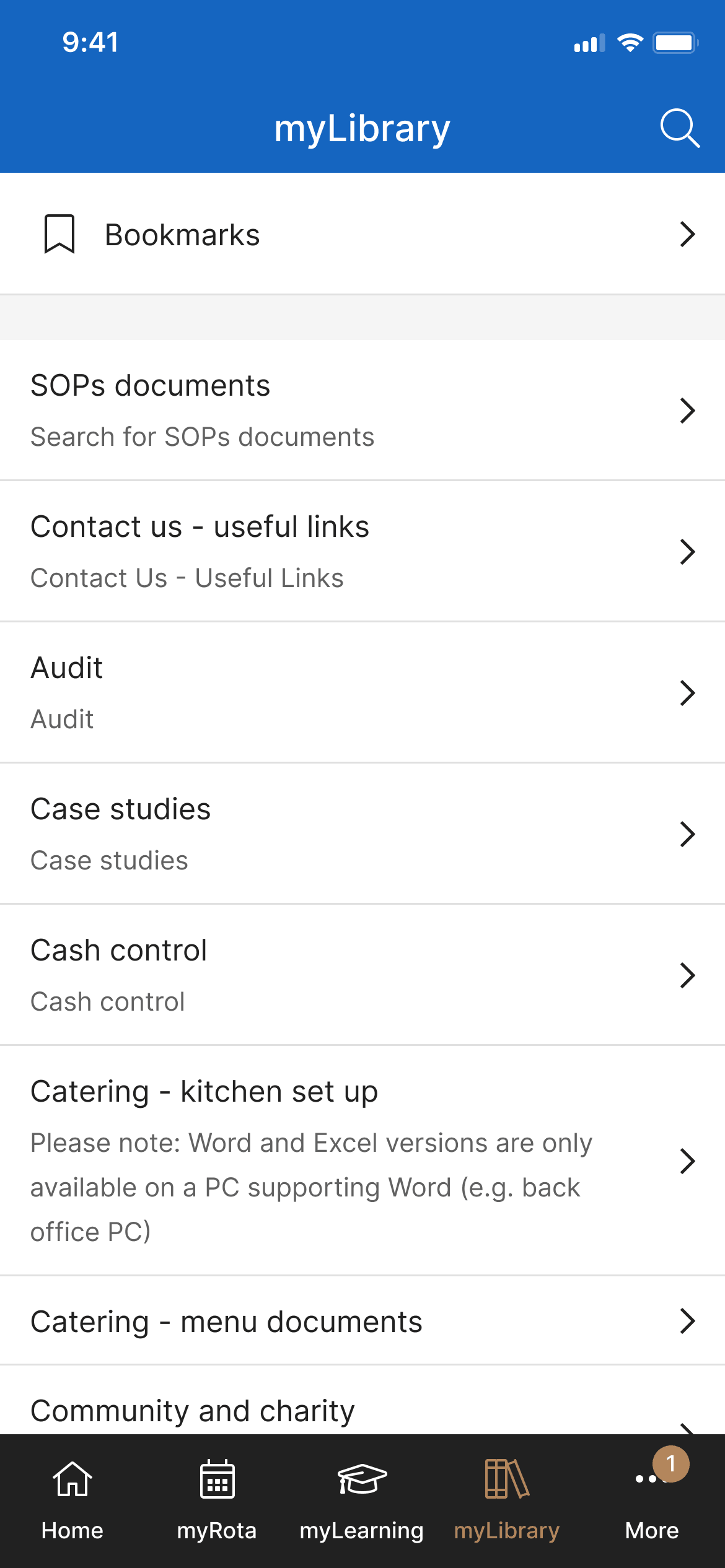 Mobile app screen titled myLibrary showing a document library. A Bookmarks row sits above a list of categories — SOPs documents, Contact us, Audit, Case studies, Cash control, Catering, Community and charity. Bottom navigation bar includes Home, myRota, myLearning, myLibrary and More.