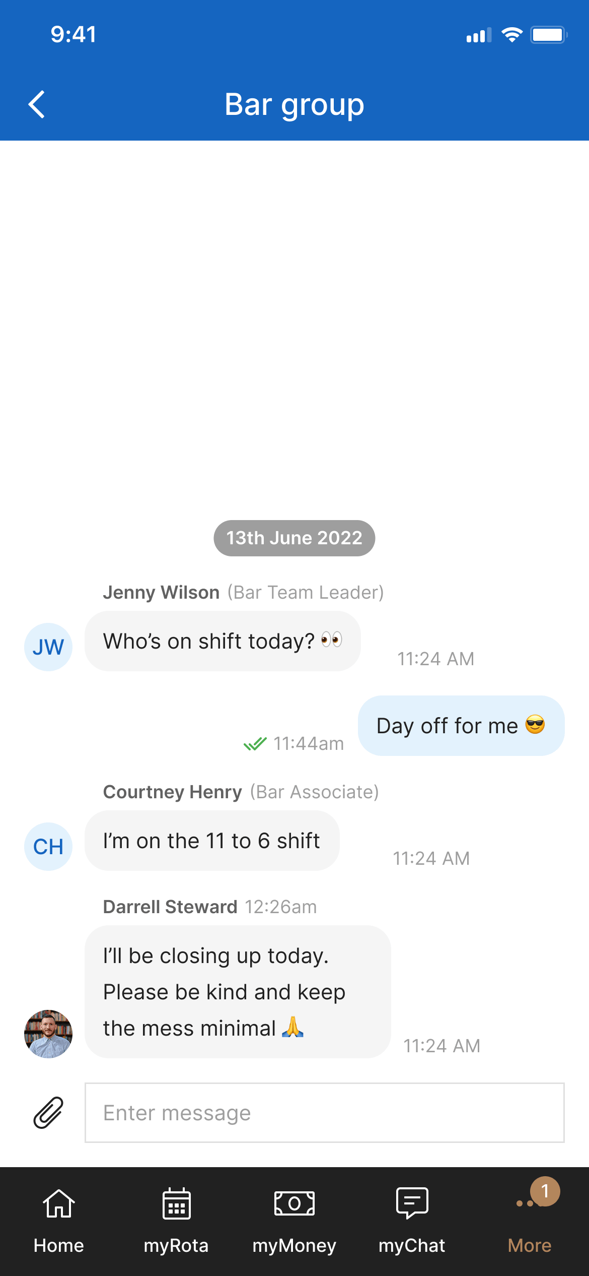 Mobile app screenshot of a "Bar group" team chat. Staff exchange shift messages — a team leader asks who's working, colleagues reply. A message input sits above bottom navigation tabs: Home, myRota, myMoney, myChat, More.