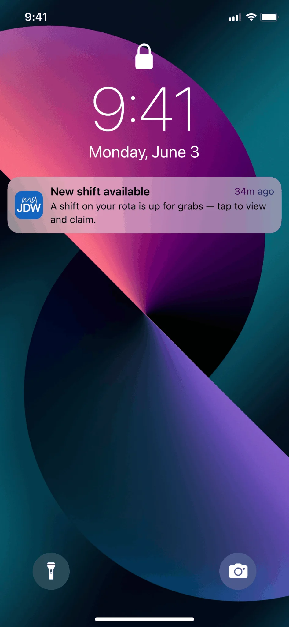 iPhone lock screen showing 9:41 on Monday, June 3, with a myJDW push notification reading "New shift available — a shift on your rota is up for grabs, tap to view and claim." Purple and teal abstract wallpaper, flashlight and camera shortcuts at the bottom.