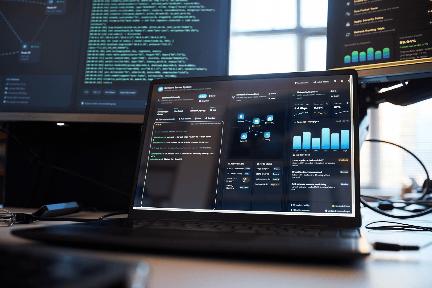 A laptop on a desk displays a dark-themed analytics dashboard with bar charts and system metrics. Behind it, two monitors show lines of green code and another data dashboard. Daylight from a window softens the background, and cables run across the workspace.