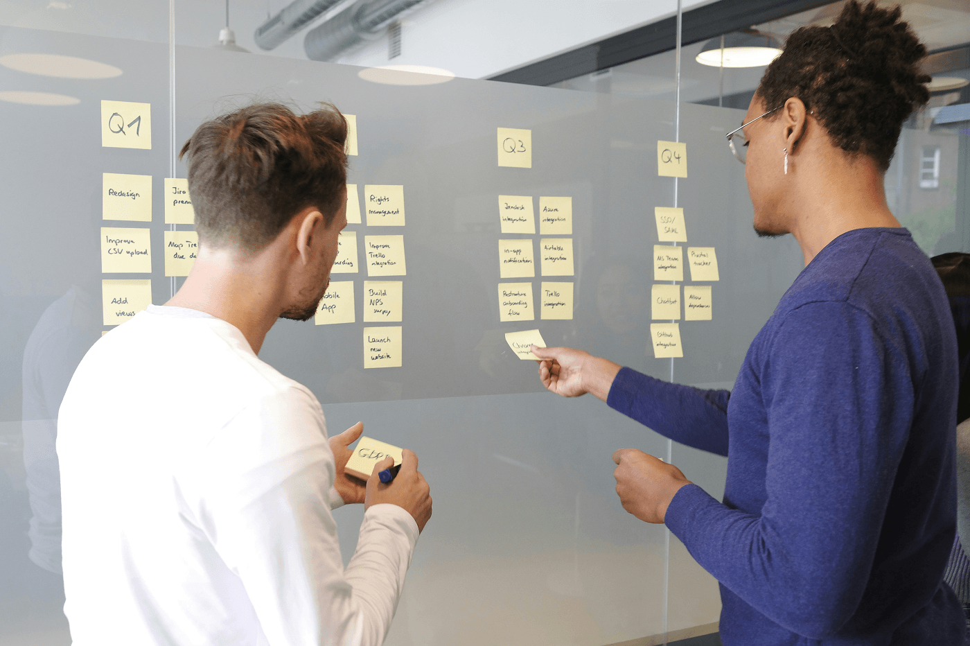 Two colleagues plan a product roadmap on a frosted glass wall using yellow sticky notes sorted into columns labelled Q1 through Q4. One writes a new note while the other places a card under Q3, with items like Trello and Azure integrations visible.